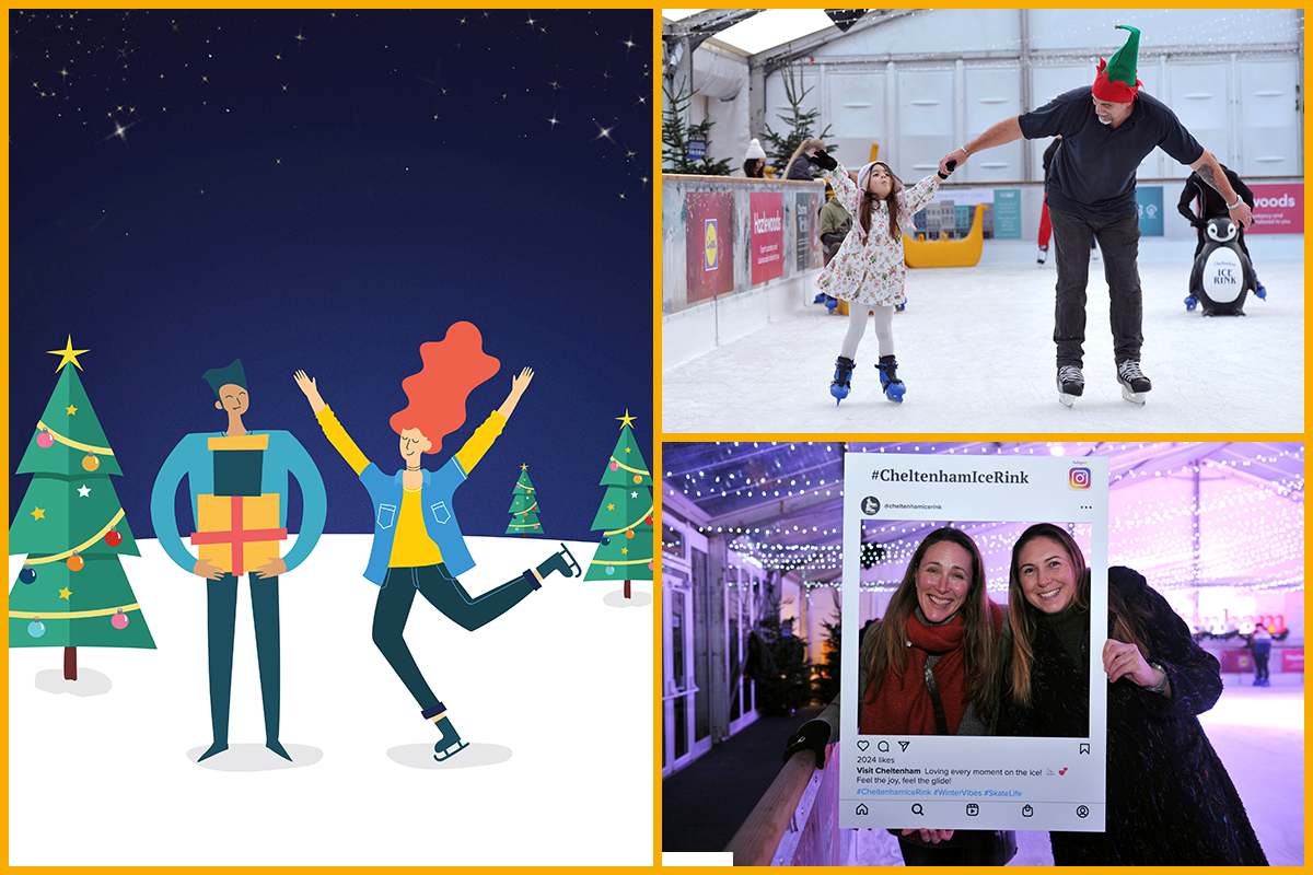 A collage of images of people enjoying the Cheltenham Ice Rink, alongside a graphic of a man holding gifts